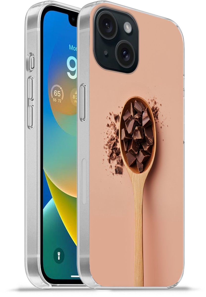 Telefoonhoesje Geschikt voor iPhone 15 hoesje - Chocola - Hout - Lepel - Siliconen Telefoonhoesje Telefoonhoesje
