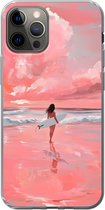 Telefoonhoesje Geschikt voor iPhone 12 Pro hoesje - Roze - Surfen - Zee - Siliconen Telefoonhoesje Telefoonhoesje