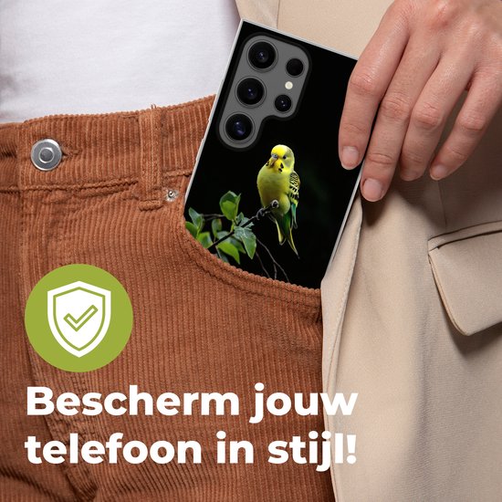Telefoonhoesje Geschikt voor Samsung Galaxy S24 Ultra hoesje - Parkiet - Tak - Bladeren - Geel - Siliconen Telefoonhoesje Telefoonhoesje