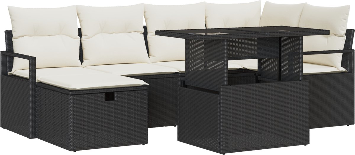 vidaXL Tuinbank - Set - 6 - st - poly - rattan Zwart/ Crèmewit