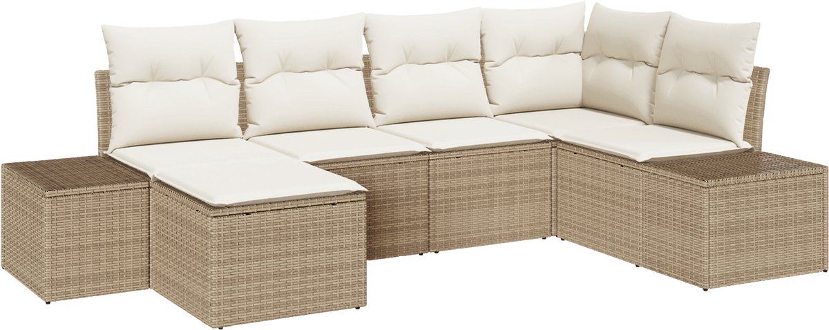 vidaXL - Tuinbank - Set - met - kussen - 6 - pcs - Beige - en - Crème - poly - rattan