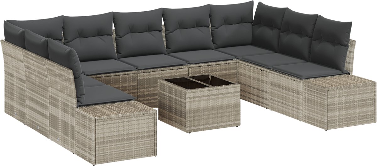 vidaXL - Tuinbank - Set - met - kussen - 9 - pcs - Lichtgrijs - Polyrattan