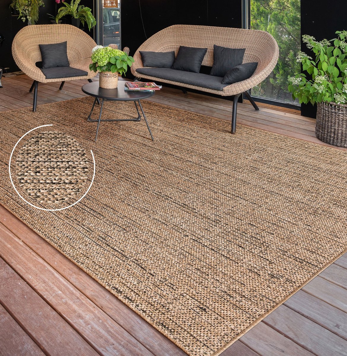 Flycarpets Aamber Jute Buitenkleed - Naturel / Zwart - Buitentapijt - Campingkleed - Vloerkleed buiten - Tuintapijt - 120x160 cm