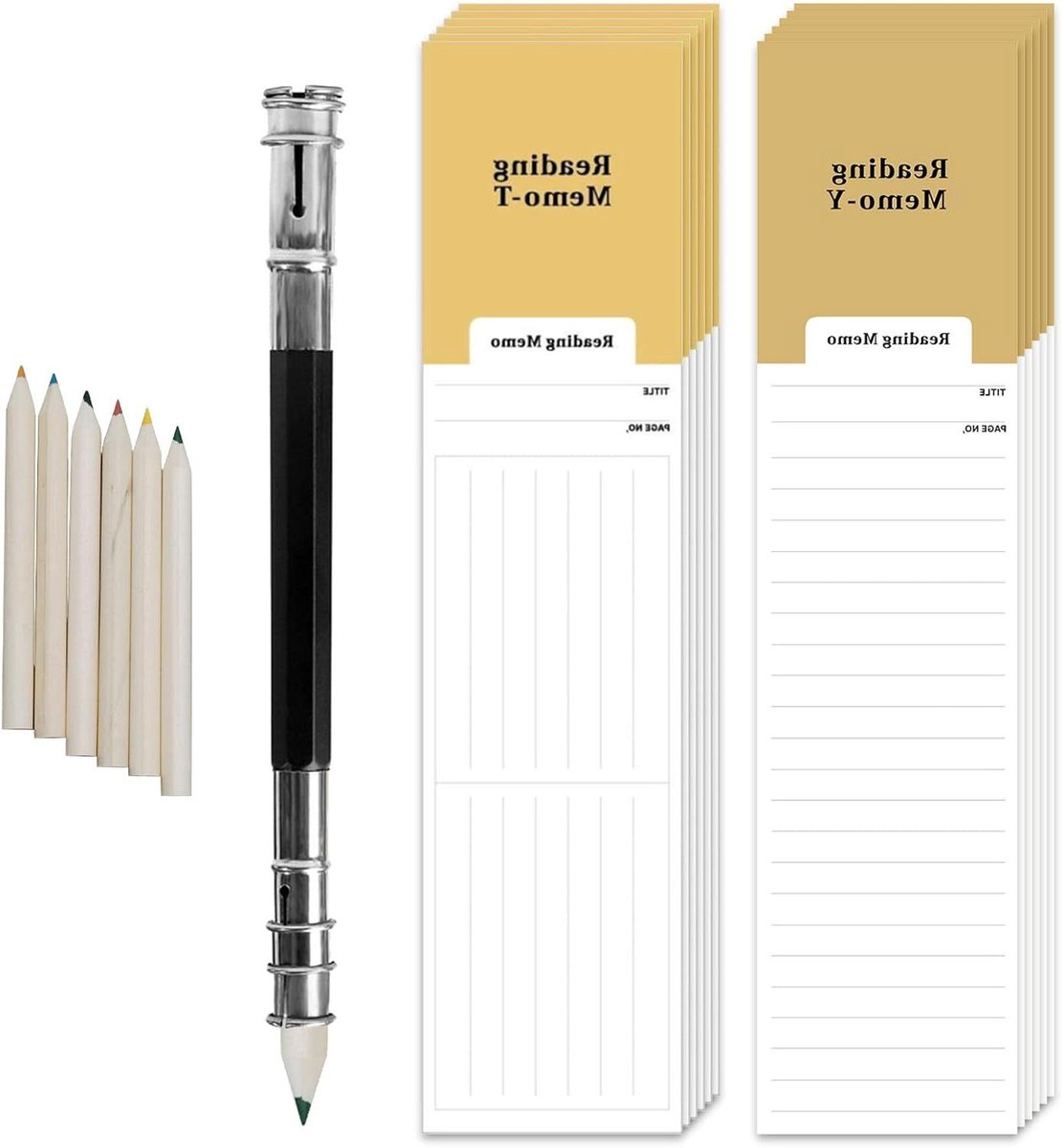 Leeslijst Bladwijzer Set - 48 Leesmemo's, 6 Kleurpotloden, 1 Gekleurde Lead Extender - Pagina Marker - 5x21 cm