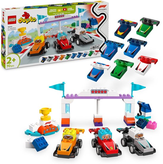Voitures et pilotes de course équipe F1 LEGO Duplo avec arche de départ/arrivée et ailerons détachables