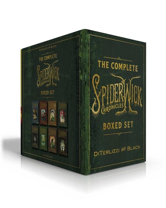 The Complete Spiderwick Chronicles Boxed Set, groen met gouden letters, toont 9 kleine boeken aan de zijkant.