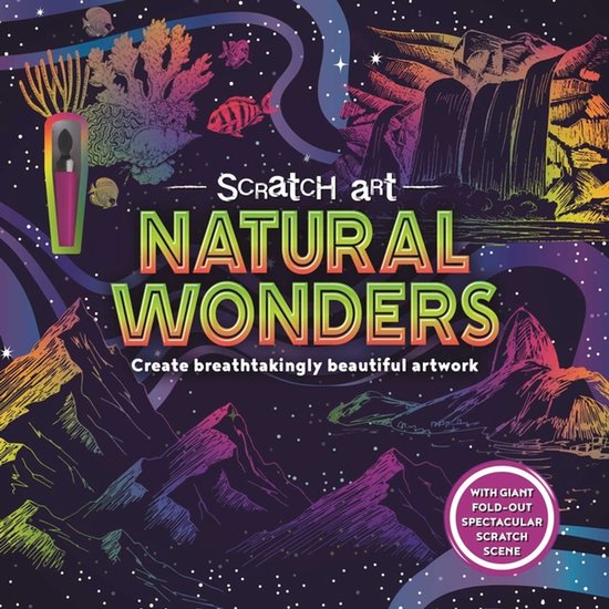 Scratch Art Natural Wonders: een boek met een krasafbeelding van een waterval en bergen.
