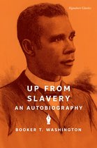 Boekcover 'Up from Slavery' met portret van Booker T. Washington in sepia tinten op oranje achtergrond. Titel en auteur prominent vermeld.