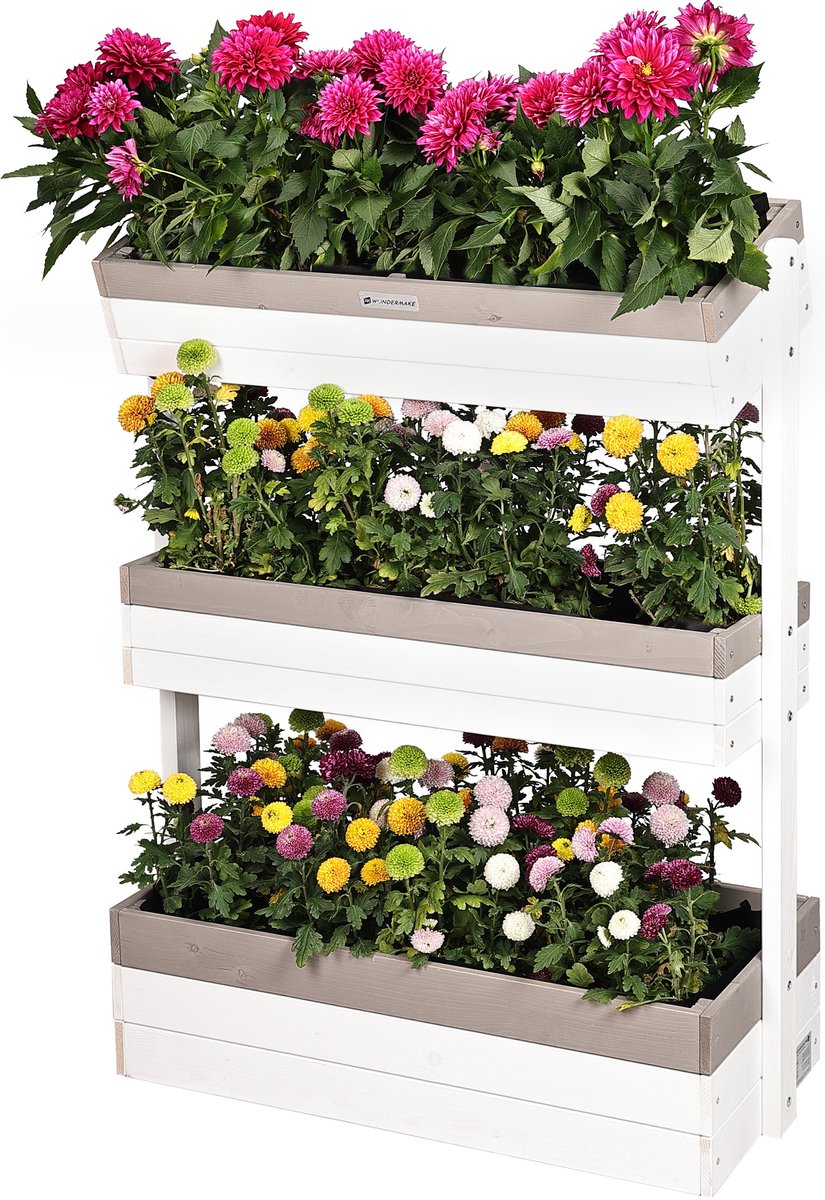 WONDERMAKE® Groot design verticaal bed met 3 niveaus van hout voor balkon, tuinmuur, staand, verhoogd bed, verticaal, XL, bakken, kubus voor kruiden, aardbeien, bloemen, 85x38x110 cm, wit, grijs, antraciet