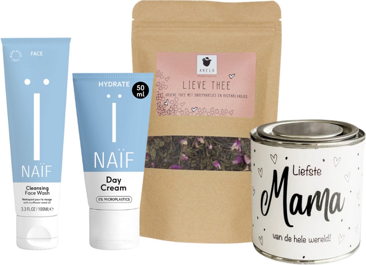 Naif Cadeauset Skin Care & Thee Mama - Naif Hydrate Dagcreme 50ml Nurturing - Naif Face Wash 100ml Reinigend - ARELO Lieve Thee zakje - Snoepjeblikje liefste Mama van de hele wereld!