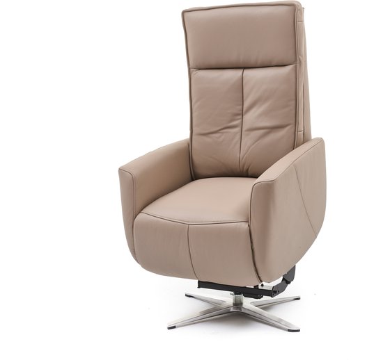 Bruine lederen relaxfauteuil, vooraanzicht, met draaibare voet.