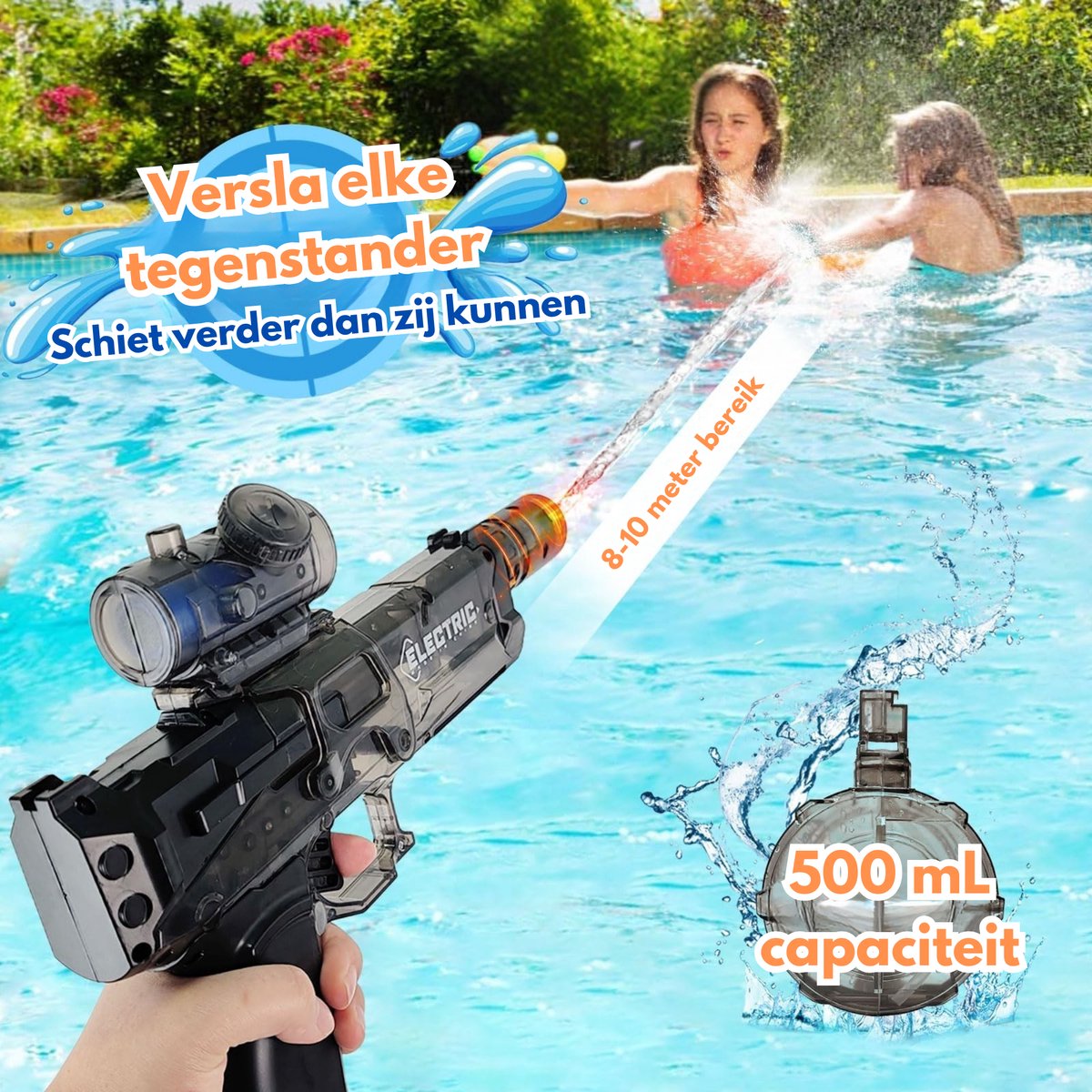Pumpify Waterpistool – 2 in 1 – Elektrisch Waterpistool – Buitenspeelgoed – Super Soaker – Waterspeelgoed – Met Flits Bij Ieder Schot – Watergeweer – Speelgoed - 3 Jaar - 4 Jaar - 5 Jaar - Glock – Watergun – Waterblaster - Zwart + Blauw — afbeelding 2