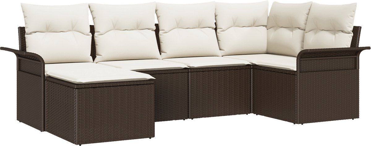 vidaXL - Tuinbank - Set - met - kussen - 6 - pcs - Bruin - poly - rattan