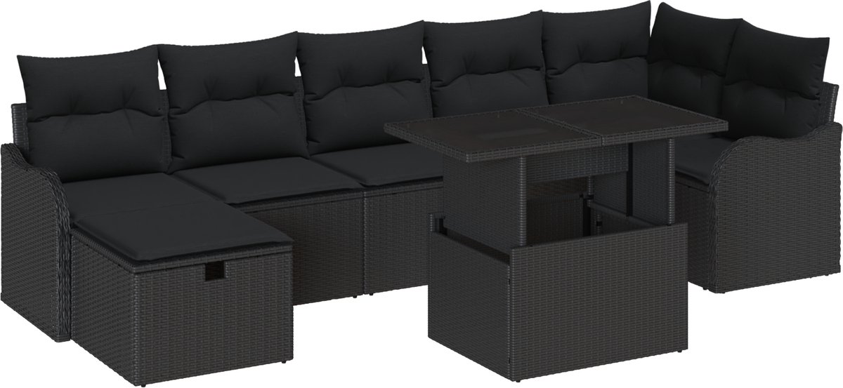 vidaXL - Tuinbank - Set - met - kussen - met - opslag - 8 - pcs - Zwart - Poly - rattan