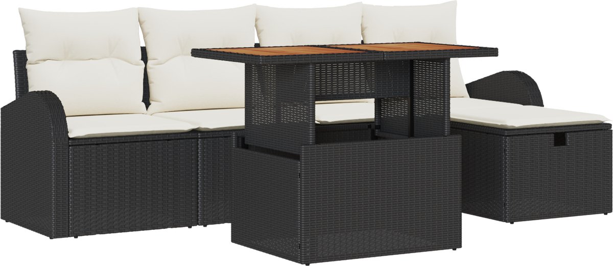 vidaXL - Tuinbank - Set - met - kussen - met - opslag - 6 - pcs - Zwart - poly - rattan