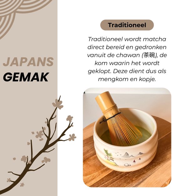 Bamboe matcha klopper in een matcha kom met matcha, tijdens de bereiding.