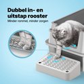 Grijze kattenbak met dubbel rooster bij de in- en uitgang. Een grijze kitten stapt uit de bak op het rooster. Close-up van poten op rooster.
