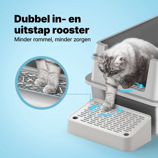 Grijze kattenbak met dubbel rooster bij de in- en uitgang. Een grijze kitten stapt uit de bak op het rooster. Close-up van poten op rooster.