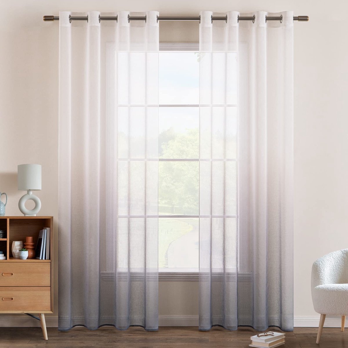 Ibenzoa Transparante Voile Gordijnen met Kleurverloop, 215 x 140 cm Set van 2, Ideaal voor Slaapkamers en Woonruimtes wit grijs