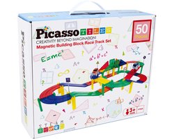 Tactic Picasso Tiles - Constructiespeelgoed - Magnetic Tiles - Magnetische Tegels - Race Track - STEM Speelgoed - Magnetische Racebaan met 2 LED auto's - 50-Delig - Vanaf 3 Jaar