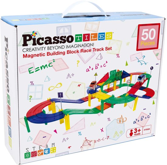 Tactic Picasso Tiles - Constructiespeelgoed - Magnetic Tiles - Magnetische Tegels - Race Track met 2 LED auto's: 50-delig