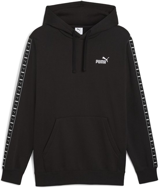 Zwarte hoodie met PUMA-logo op de borst en PUMA-tape op de mouwen.