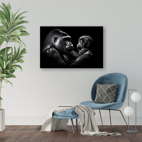 Zwart-wit gorilla moeder en jong - Apen posters - Poster gorilla's - Hyperrealisme - Poster decoratie - Kunst - poster 100x70 cm