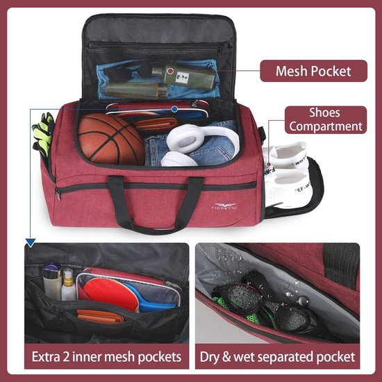 FIORETTO 35L Heren Sporttas met Nat Zakje & Schoenenvak, Reistas Weekendtas met Gevoerde Schouderband, Waterbestendige Sporttas voor Zwemmen, Basketbal Grijs