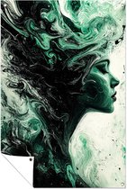 Abstract portret in groene tinten - Vrouw poster - Tuinschilderijen portret - Abstract expressionisme - Schilderij voor tuin - Tuinposter op maat - tuinposter 50x75 cm