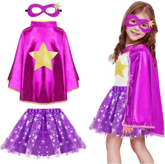 Joya Kids® Verkleedset Meisje | Superhelden Outfit Kind | Tutu Rok + Metallic Cape + Masker | Superheldin Ster | Prinses | Meisje Verkleedset | Prinsessencape | Carnaval | Verkleedkleding 3-delig | Paars