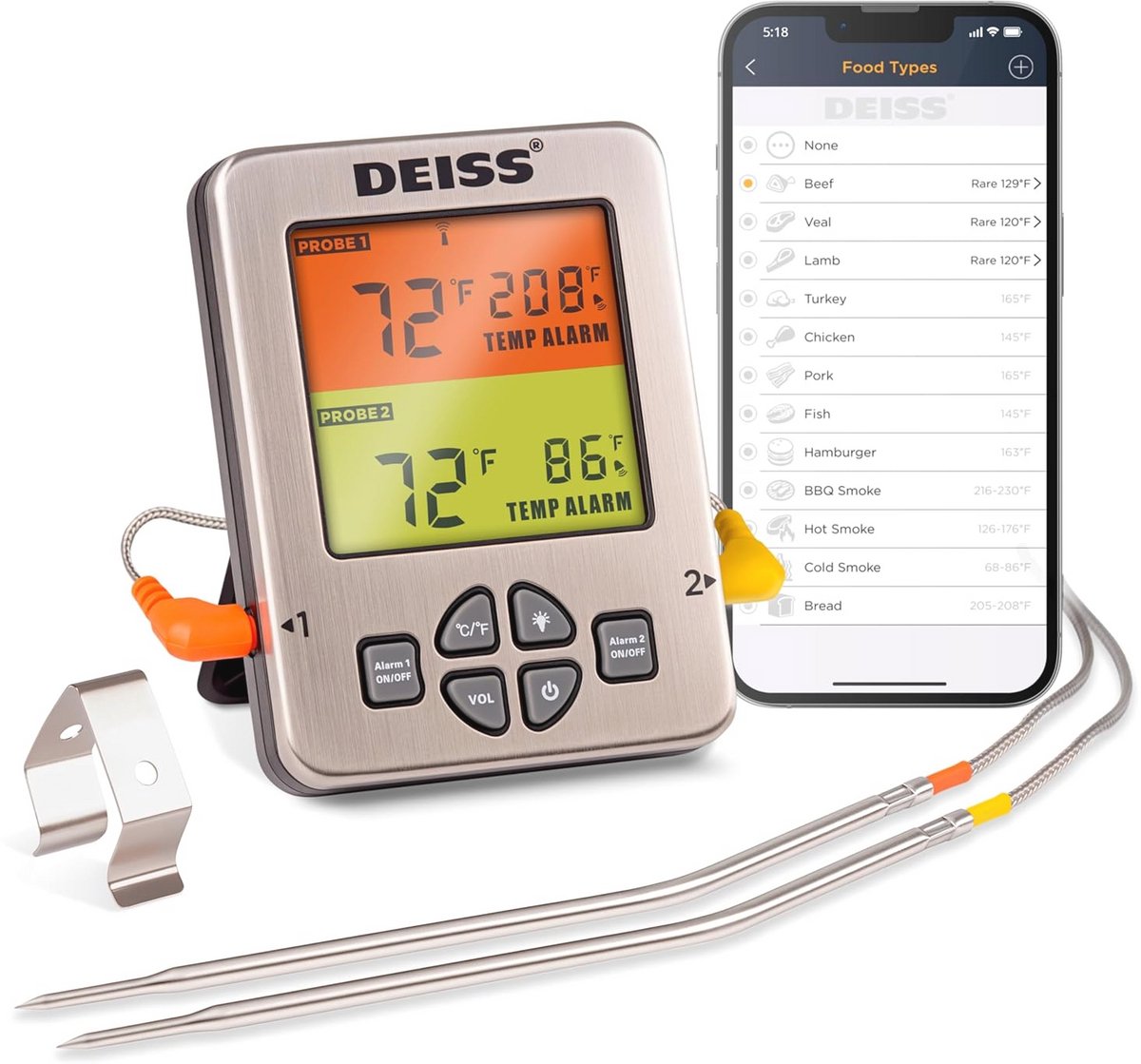 Draadloze Bluetooth Vleesthermometer met 2 Probes - Digitale Keukenthermometer voor Grill en BBQ