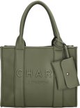 Natuur groen tote bag met 'CHARM LONDON' in reliëf, handvatten en een bijpassend etui.