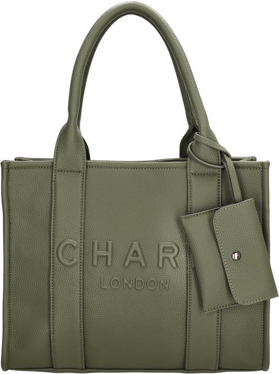 Natuur groen tote bag met 'CHARM LONDON' in reliëf, handvatten en een bijpassend etui.