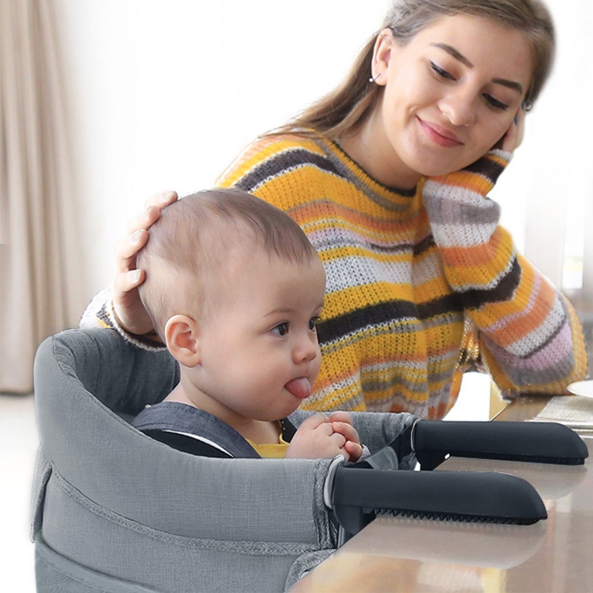 NAIZY Tafelstoel Baby Grijs Booster Seat Kinderstoel Opvouwbaar met Antislip Handvat & Veiligheidsgordel & Opbergzakken Kinderstoel voor 2-8cm Dikke Tafel thumbnail 5