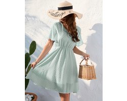 Zomerjurk Dames Elegante jurk Knielengte Zwitsers stippen A-lijn Korte mouw V-hals Strand Bruiloft Feestelijk Groente XL