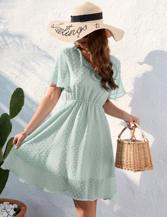 Zomerjurk Dames Elegante jurk Knielengte Zwitsers stippen A-lijn Korte mouw V-hals Strand Bruiloft Feestelijk Groente XL