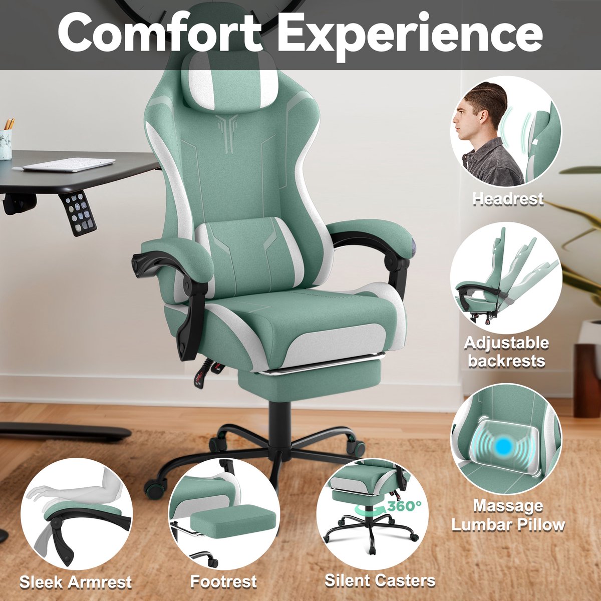 NAIZY Gamingstoel met Massagefunctie en Voetensteun Groen - afbeelding 2