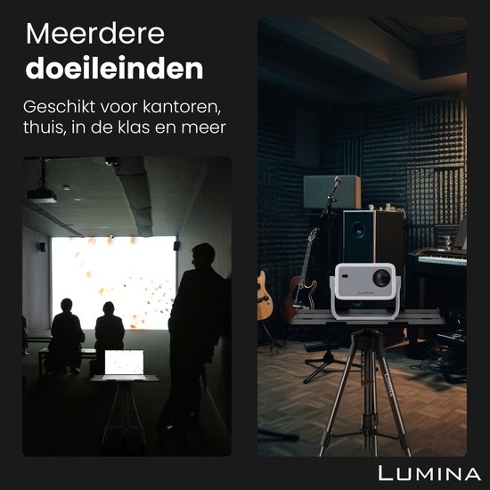 Lumina statief in een kantoor en een studio, geschikt voor diverse locaties.