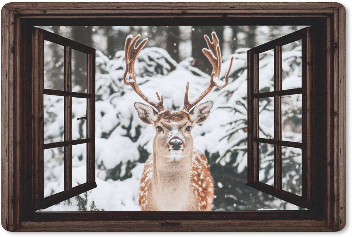 Muismat 27x18 cm - Mousepad Hert - Sneeuw - Winter - Bos - Dieren - Doorkijk - Muismatten