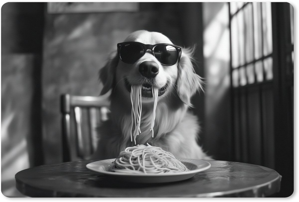 Muismat XXL 90x60 cm - Bureau onderlegger - Bureau mat Golden Retriever - Hond - Vrolijk - Bord spaghetti - Zwart - wit - Bureaumat - Gaming mousepad xl - Bureaulegger groot - Computer deskmat