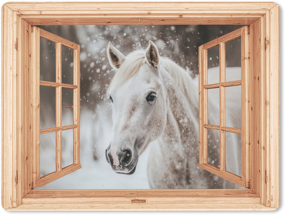 Muismat XXL 80x60 cm - Bureau onderlegger - Bureau mat Doorkijk - Paard - Wit - Winter - Sneeuw - Dieren - Bureaumat - Gaming mousepad xl - Bureaulegger groot - Computer deskmat
