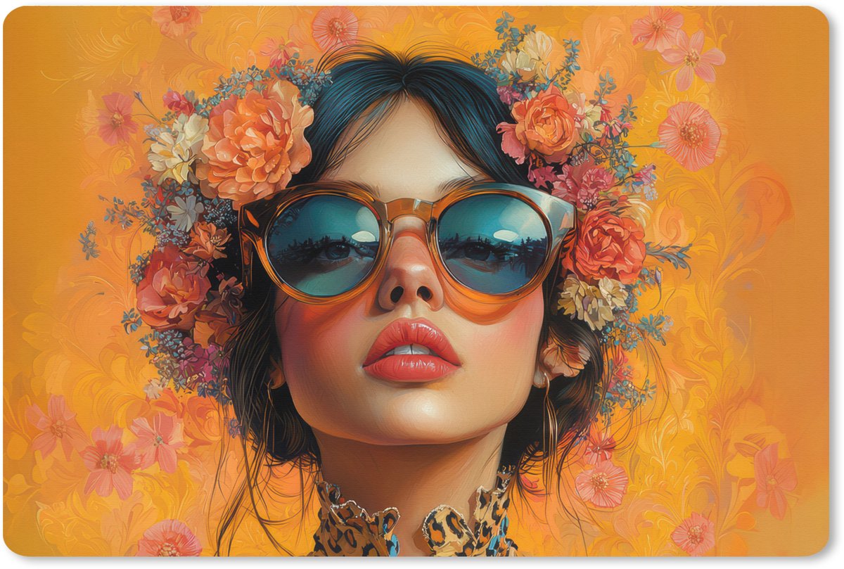 Muismat XXL 90x60 cm - Bureau onderlegger - Bureau mat Vrouw - Bloemen - Aesthetic - Oranje - Bureaumat - Gaming mousepad xl - Bureaulegger groot - Computer deskmat