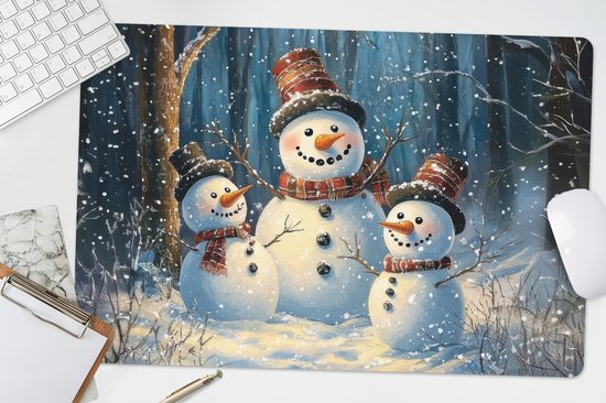 Bureau onderlegger 60x40 cm - Muismat Sneeuwpop - Sneeuw - Winter - Bos - Bureaulegger xl - Desk mat beschermer - Computer muismatten