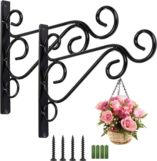 Plantenhaak - 2 stuks - 26cm - Bloemenhaak - Wandhaak - Plantenhanger - Muurhaak - Muurhaak voor planten - Muurhaak voor hanging basket - Geschikt voor Planten, Voederhuisjes, Windgongen, Lantaarns, Oliebrander - Zwart