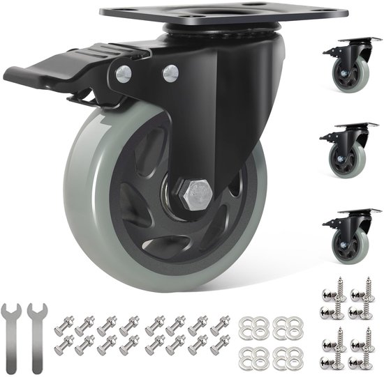 Set wielen 2 zwenkwielen met rem 2 zwenkwielen 125 mm rubber Fligh