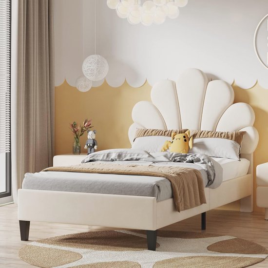 Kinderbed 90x200 cm in beige fluweel met LED, USB-aansluiting en opbergruimte – Multifunctioneel eenpersoonsbed