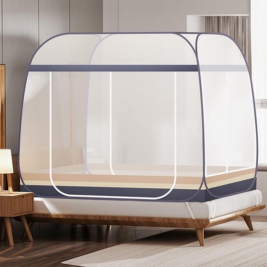 Pop-up klamboe voor reizen met vloer, dubbele deuren, zelfdragend, draagbaar, muggennet, eenvoudig te installeren, voor tweepersoonsbed en eenpersoonsbed buiten, grijs, 150×200×150cm