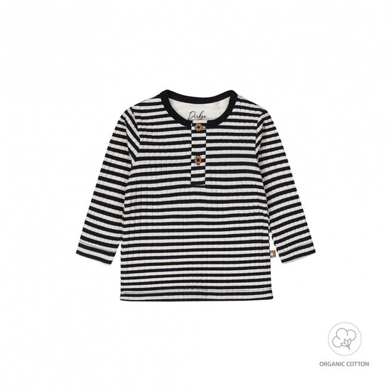 Donkerblauw gestreept longsleeve T-shirt met knoopjes bij de hals. Gemaakt van biologisch katoen.