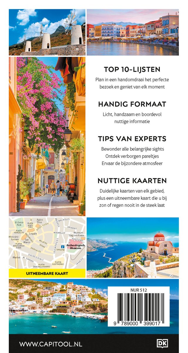 Witte windmolens, kleurrijk stadsgezicht, straat met bloemen, kaart van Kreta en klooster.