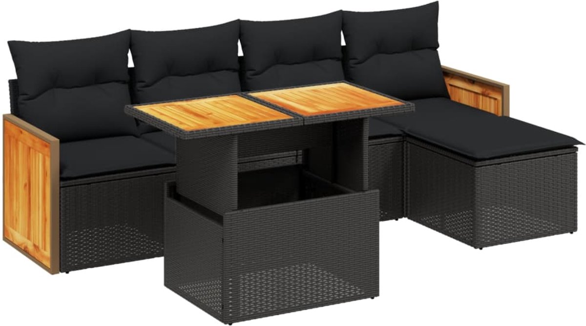 The Living Store 6-delige Loungeset met kussens poly rattan zwart - Loungeset - Tuinmeubels - Lounge Set - Buitendecoratie - Outdoor Furniture